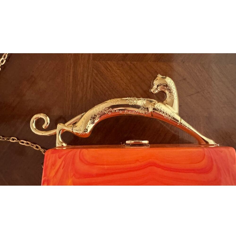 Orange Marbled Panther Handle Box Clutch Minaudiere Chain Purse - Picture 4 of 12